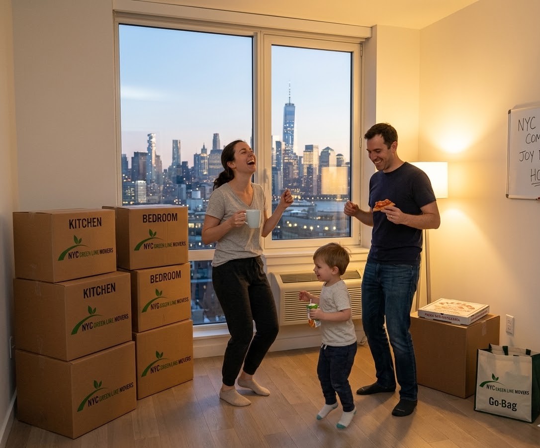 Happy family celebrating a successful move in their new NYC apartment with NYC Green Line Movers boxes