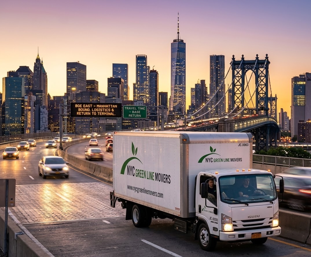 NYC Green Line Movers truck driving across BQE bridge with Manhattan skyline at sunset